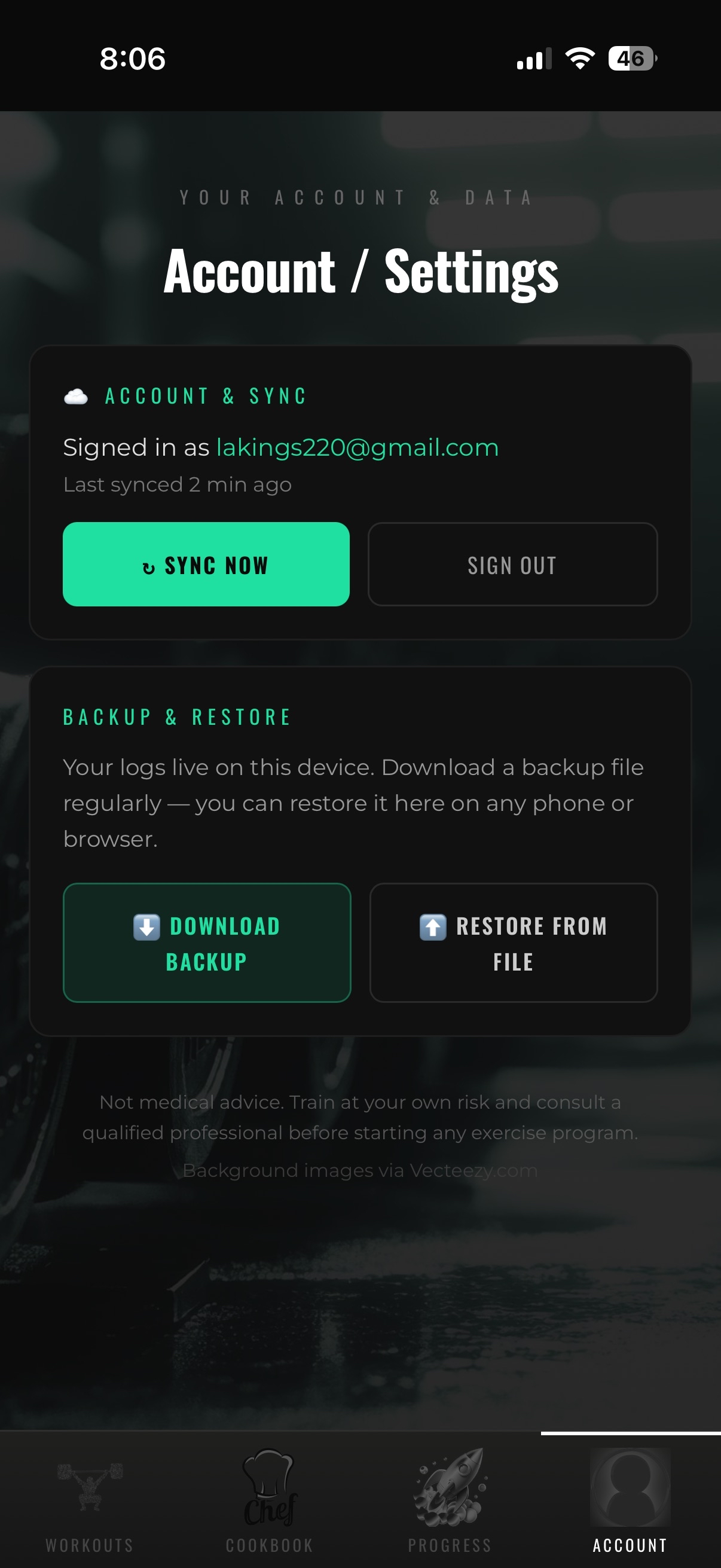 Account, sync and backup settings