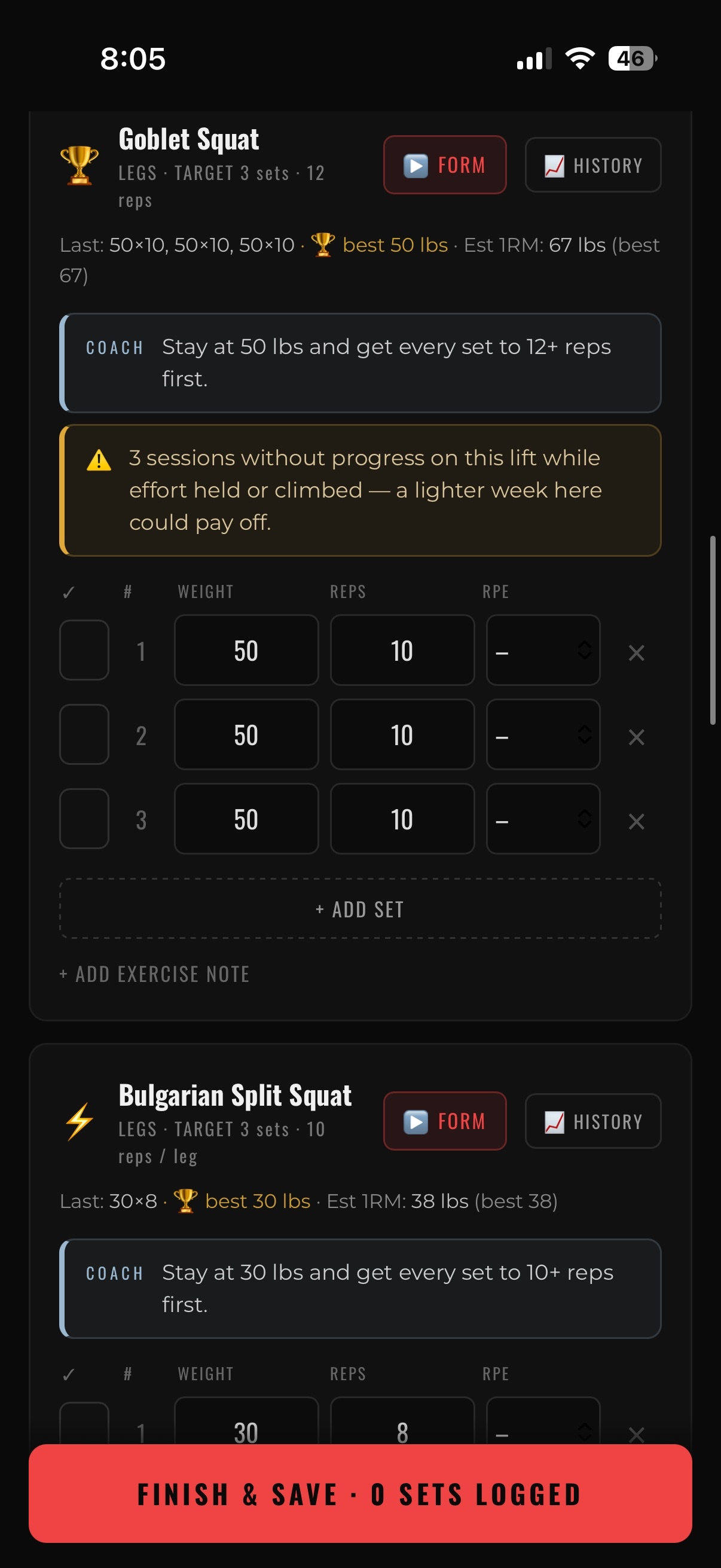 DiceSun Gainz workout logger showing a PR trophy and Coach advice